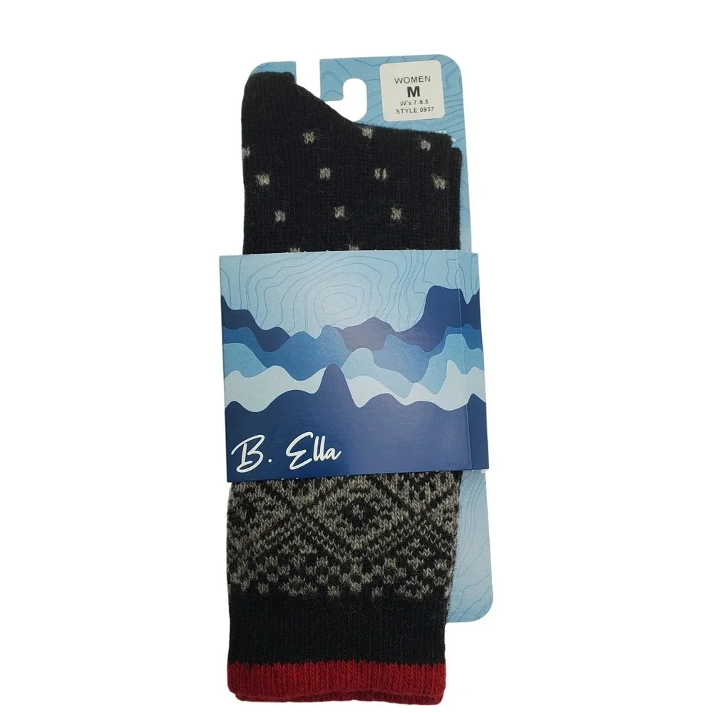 Fair Isle Wool Crew Socks Medium Black Red Cashmere Black Red B.Ella INGRID Cozy